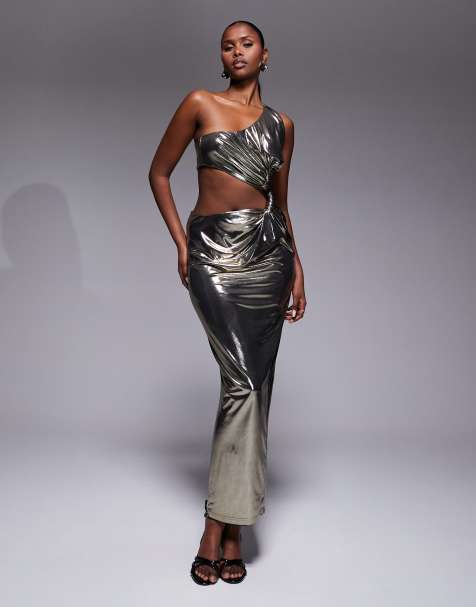 JLUXLABEL Joce stretch metallic one-shoulder knot detail cut-out maxi dress in gold - view 1