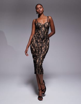 JLUXLABEL JLUXLABEL Katerina contrast lace boned bodice panel detail midi dress in black