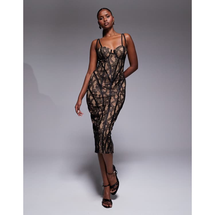 JLUXLABEL Katerina contrast lace boned bodice panel detailing midi