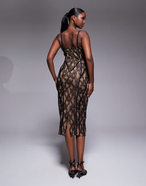 JLUXLABEL Katerina contrast lace boned bodice panel detailing midi