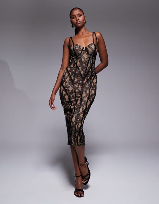 JLUXLABEL Katerina panelle lace corset midi dress in black