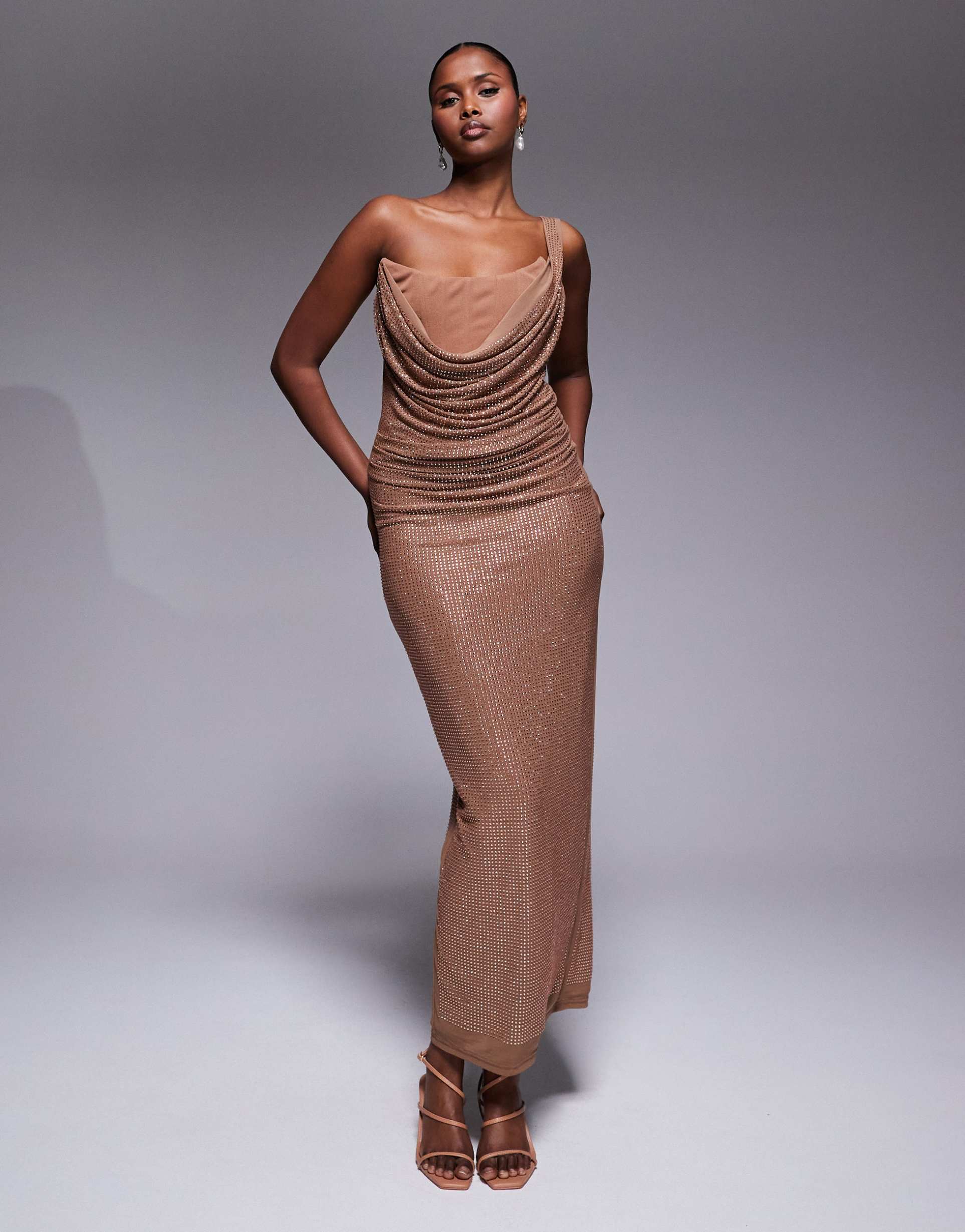 jluxlabel krishna cowl front hotfix maxi dress in pecan