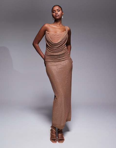 JLUXLABEL - Krishna - Maxi jurk met gedrapeerde hals en hotfix in pecan bruin - view 1