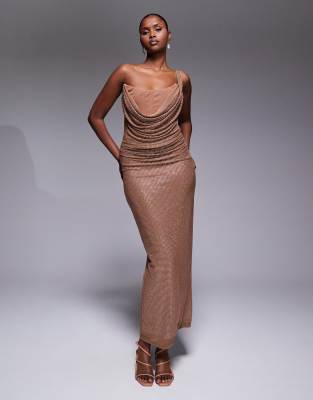 JLUXLABEL - Krishna - Maxikleid in Pekannuss-Braun mit Wasserfallausschnitt und Strassbesatz-Brown