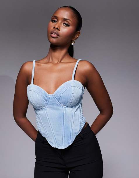 JLUXLABEL - Marsella - Top corsetto in denim con scollo a cuore e spalline sottili blu - view 1