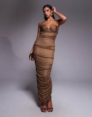 JLUXLABEL metallic bustier gold strap open tie back maxi dress in bronze