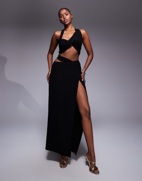 JLUXLABEL New Age drape crop top and maxi skirt set in black - view 1