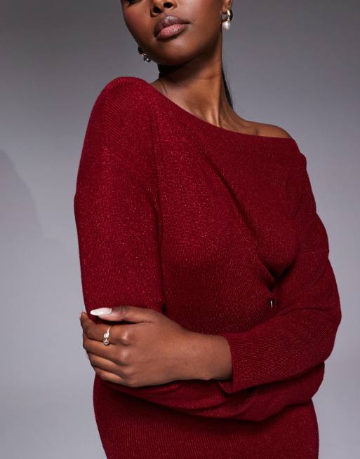 JLUXLABEL - Night Shimmers - Metallic gebreide maxi-jurk met blote schouders in rood, 3 van 4