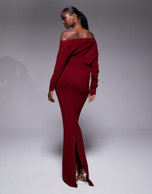 JLUXLABEL Night Shimmers metallic knit off shoulder maxi dress in red, 4 of 4