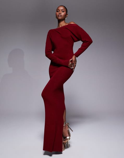 JLUXLABEL Night Shimmers metallic knit off the shoulder maxi dress in red - view 1