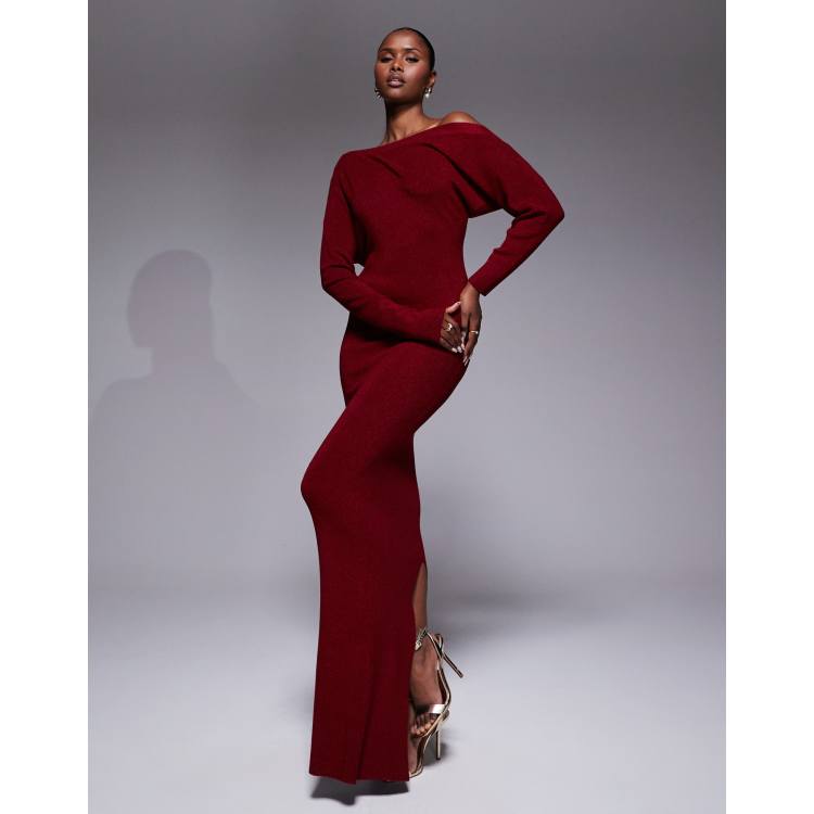 JLUXLABEL Night Shimmers metallic knit off the shoulder maxi dress