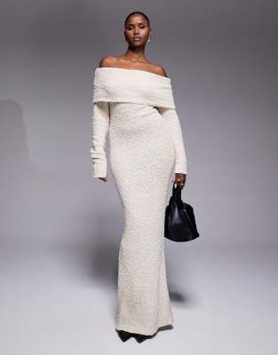 JLUXLABEL Olivea boucle foldover bardot knit maxi dress in ivory | ASOS
