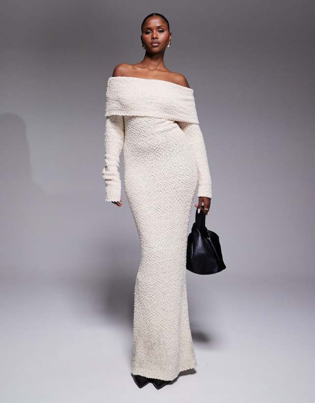 cream olivea knit maxi dress JLUXLABEL boucle foldover bardot in ivory ball gown dresses near me