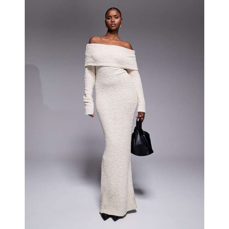 JLUXLABEL Olivea boucl foldover off the shoulder knit maxi dress in ivory  | ASOS