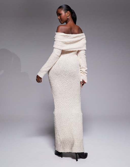 JLUXLABEL - Olivea - Vestito lungo in maglia bouclé con scollo alla Bardot risvoltato color avorio, 2 di 4