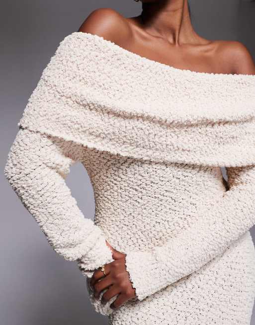 JLUXLABEL - Olivea - Vestito lungo in maglia bouclé con scollo alla Bardot risvoltato color avorio, 3 di 4