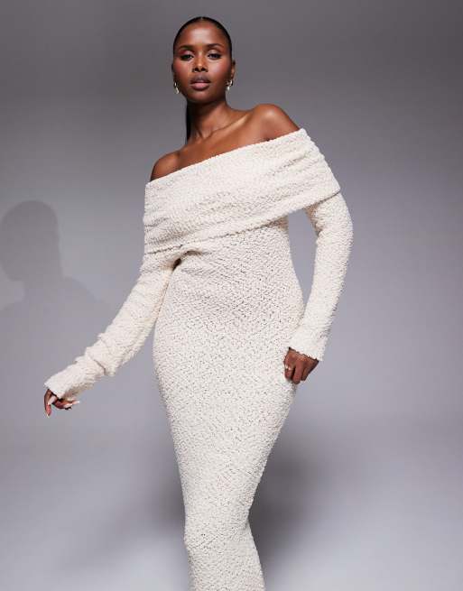 JLUXLABEL - Olivea - Vestito lungo in maglia bouclé con scollo alla Bardot risvoltato color avorio, 4 di 4