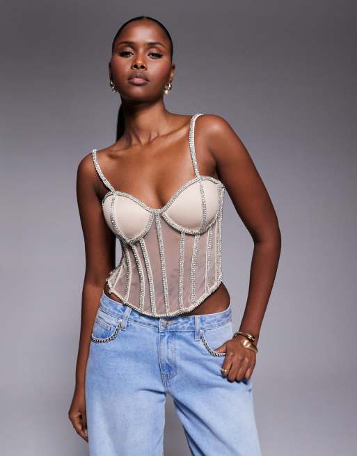 JLUXLABEL rhinestone crystal corset top in light neutral
