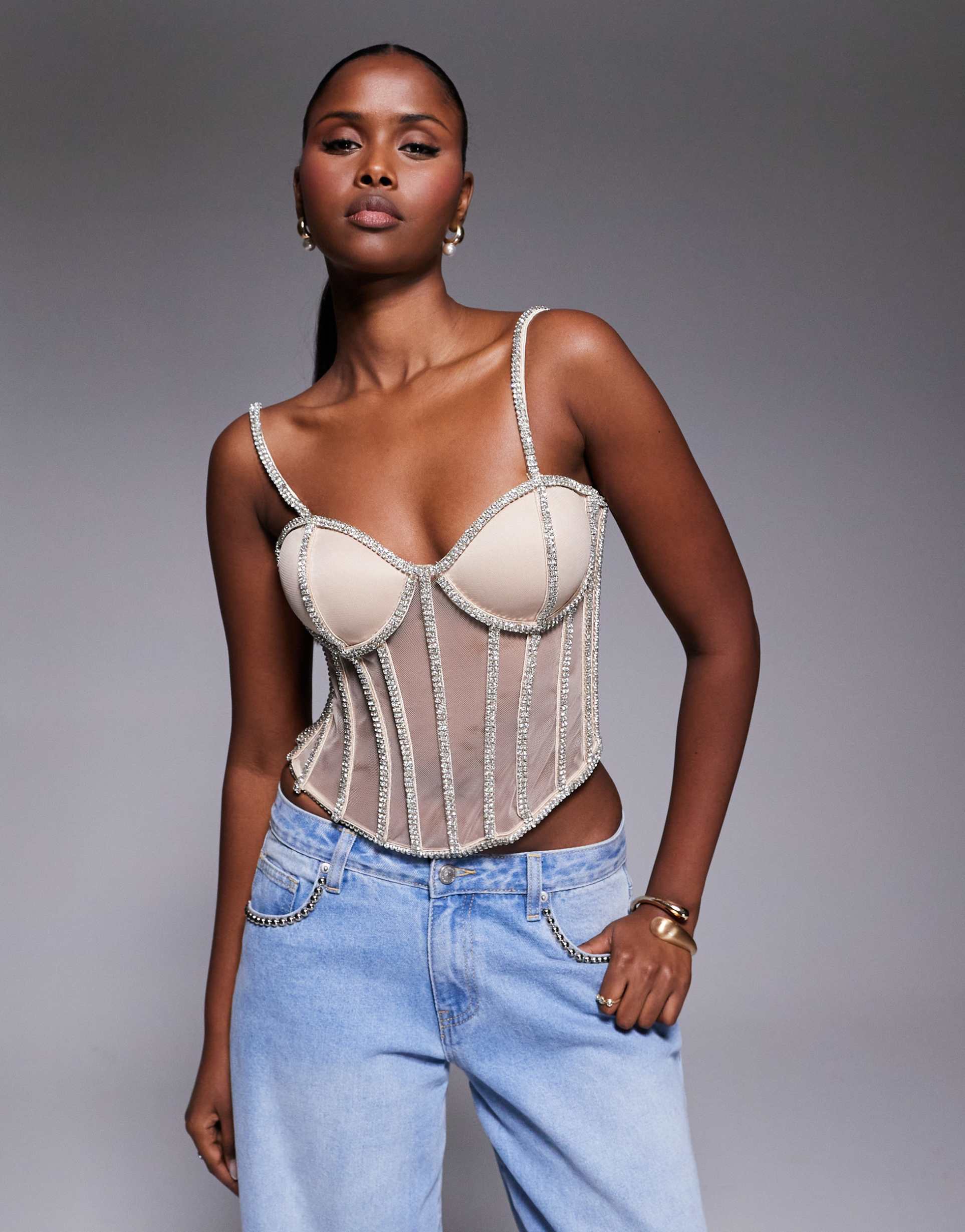 jluxlabel rhinestone sheer panel detailing corset top in gold