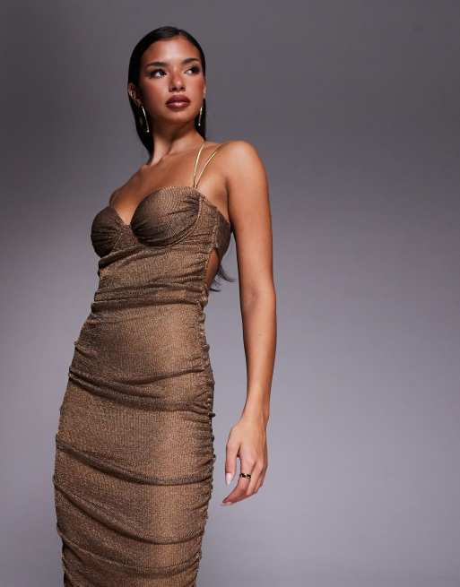 JLUXLABEL - Robe bustier longue nouée dans le dos à bretelles dorées et dos ouvert - Bronze métallisé, 2 de 4