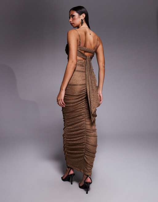 JLUXLABEL - Robe bustier longue nouée dans le dos à bretelles dorées et dos ouvert - Bronze métallisé, 3 de 4