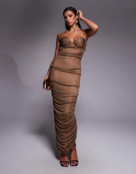 JLUXLABEL metallic bustier gold strap open tie back maxi dress in bronze