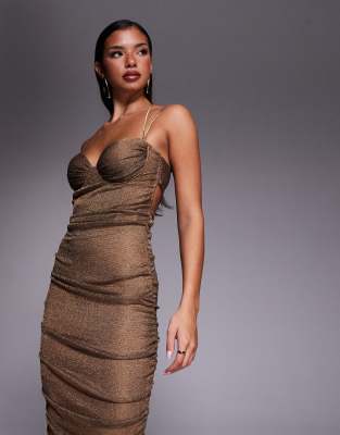 Jluxlabel Ruched Metallic Maxi Dress In Brown
