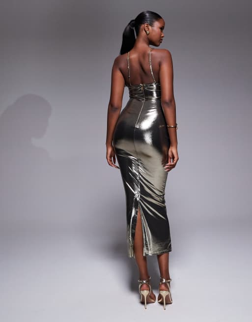 JLUXLABEL – Visions Of You – Bustier-Midikleid in Metallic-Gold mit Wasserfallausschnitt, 3 von 4