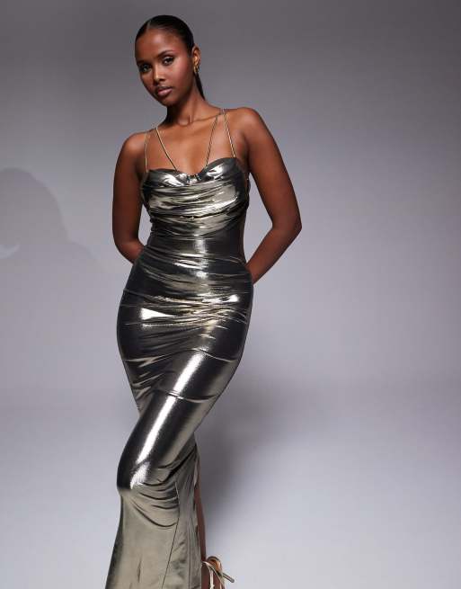JLUXLABEL – Visions Of You – Bustier-Midikleid in Metallic-Gold mit Wasserfallausschnitt, 4 von 4