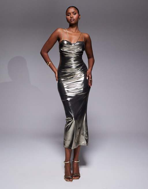 JLUXLABEL Visions Of You cowl neck metallic midi dress in gold