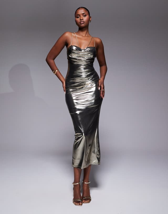 gold cowl neck midi dress JLUXLABEL Visions Of You metallic bustier in Custom Size Party Gown