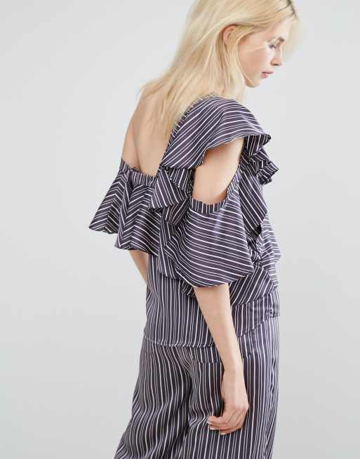 J.O.A – Gerüschtes Oberteil mit Nadelstreifen und One-Shoulder-Träger, Kombiteil, 2 von 4