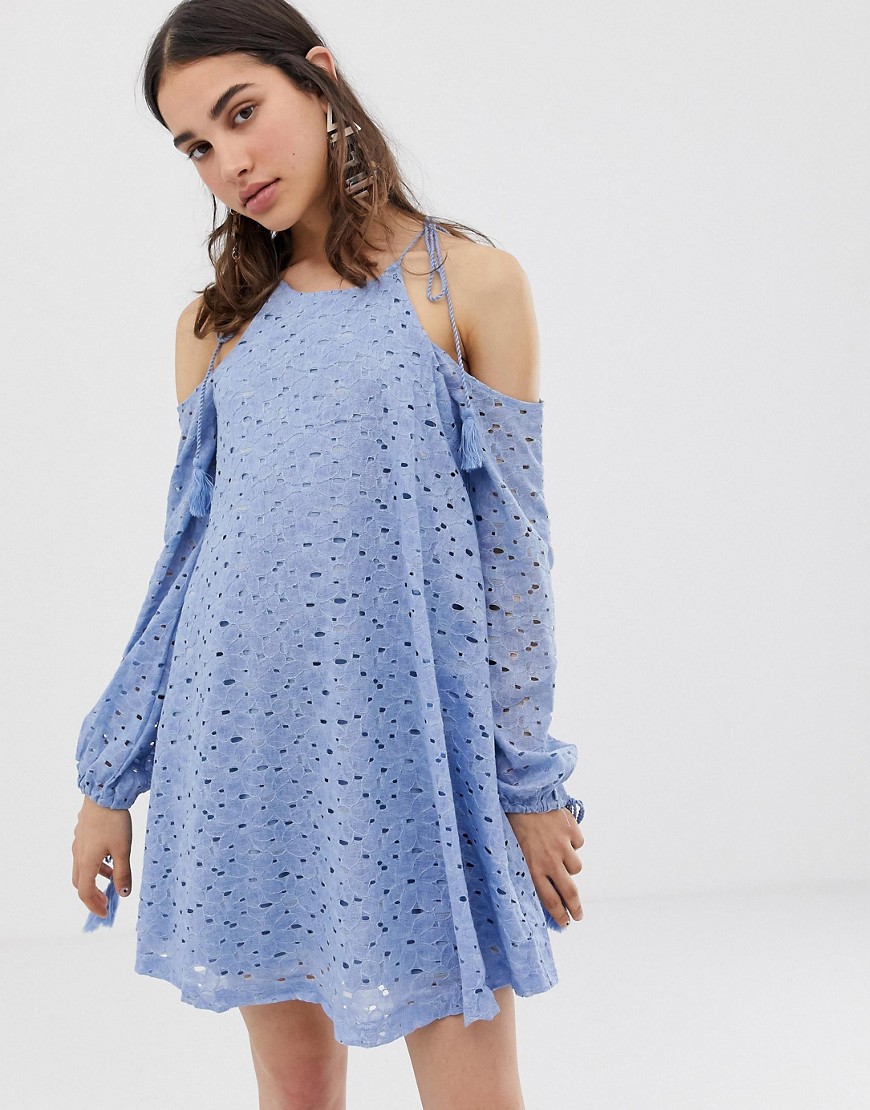 J.O.A Swing Dress With Cold Shoulders And Tassel Ties In Lace-Blue