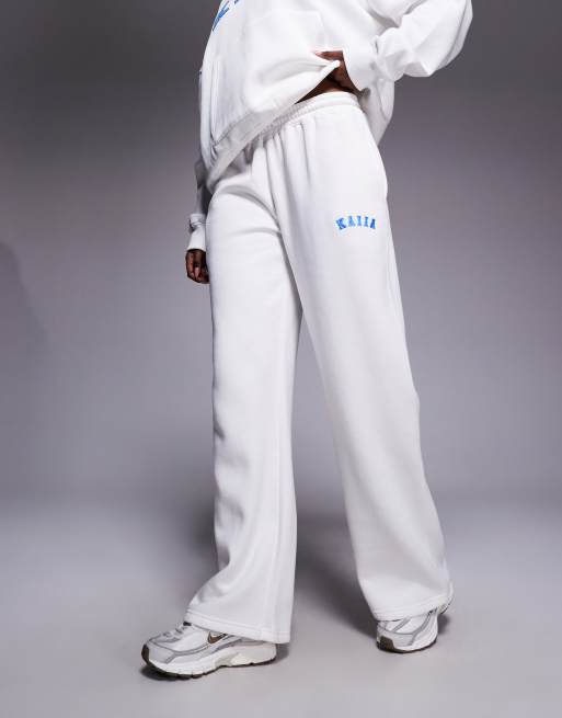 Joggers blancos y azules de pernera ancha con logo bordado de tejido rico en algodón de Kaiia (parte de un conjunto), 5 de 5