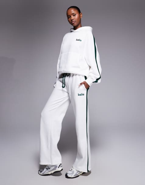 Joggers blancos y verde oscuro de pernera ancha con raya lateral de Kaiia (parte de un conjunto) - view 1