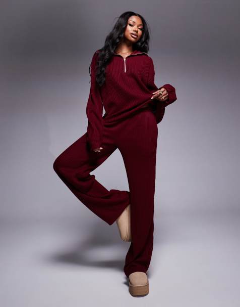 Joggers burdeos de pernera ancha de canalé de ASOS DESIGN (parte de un conjunto) - view 1