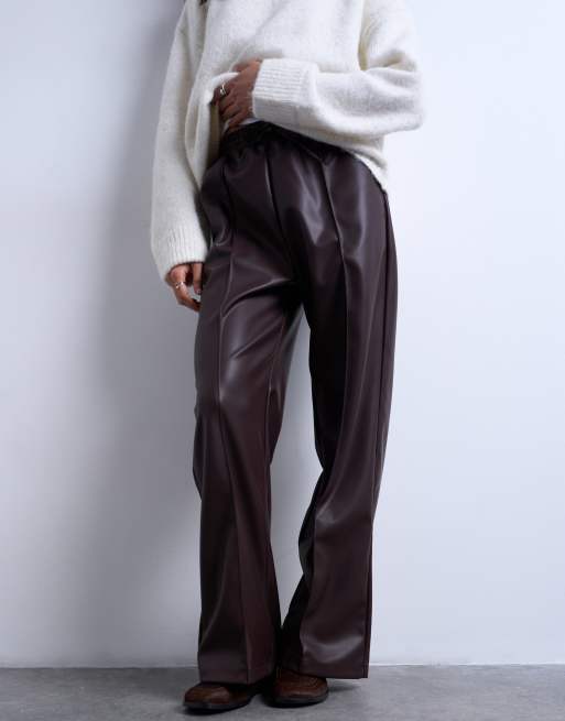 Joggers marrón chocolate de pernera ancha con detalle de nervios de cuero sintético de Topshop, 3 de 5