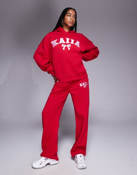 Joggers rojos y rosas de pernera ancha con logo bordado con lazo de Kaiia (parte de un conjunto) - view 1