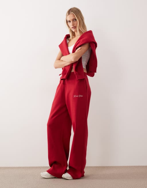 Joggers rojos y rosas de pernera ancha con logo bordado de tejido rico en algodón de Kaiia Studio (parte de un conjunto), 5 de 5