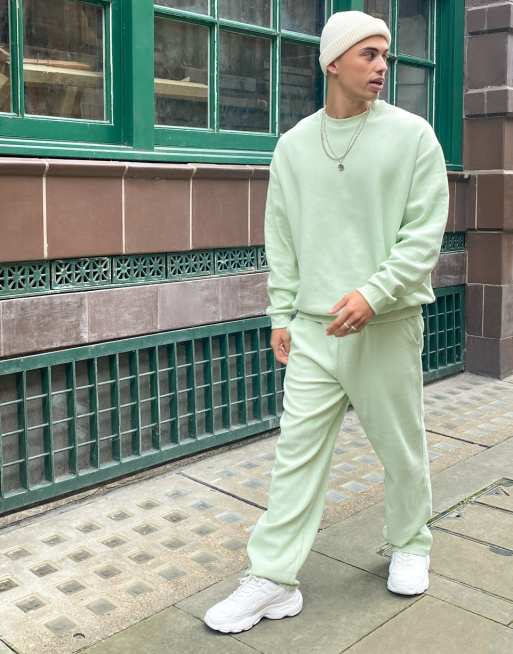Joggers verde de pernera ancha de canalé de ASOS DESIGN (parte de un conjunto)