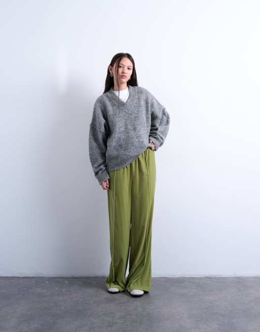 Joggers verde luminoso de talle medio y pernera ancha con lazada en la cintura de terciopelo de Topshop