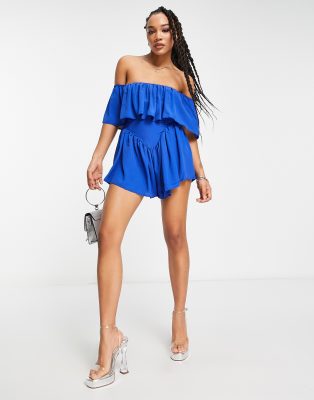 John Zack John Zack bardot frill playsuit in cobalt blue