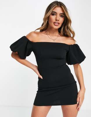 black puff sleeve bardot dress