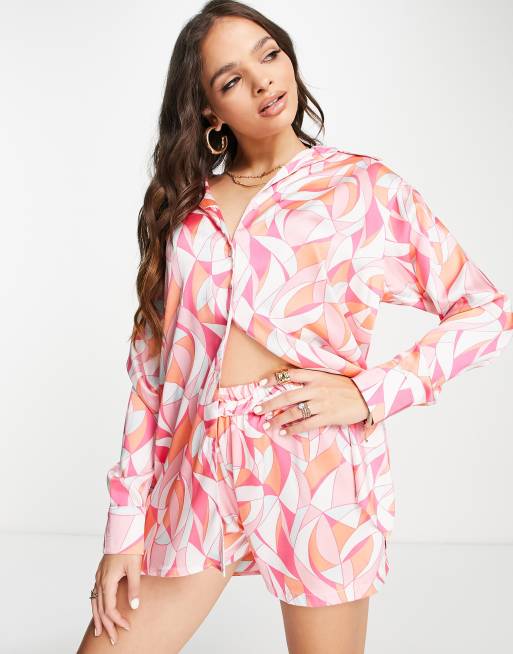 John Zack - Camicia in raso rosa acceso con stampa in coordinato