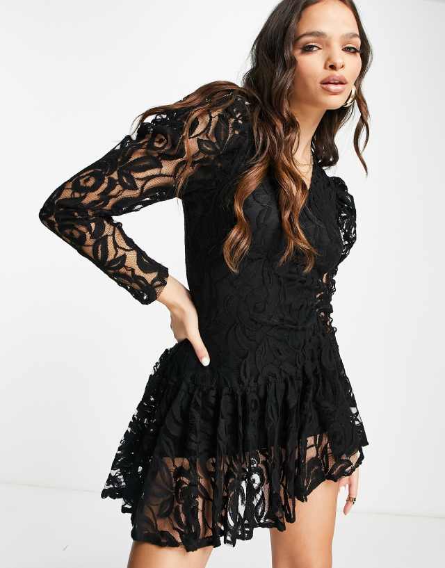 John Zack drop hem lace mini dress in black