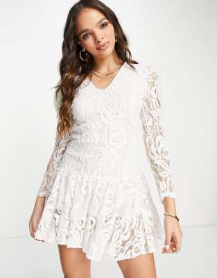 John Zack John Zack drop hem mini lace dress in white