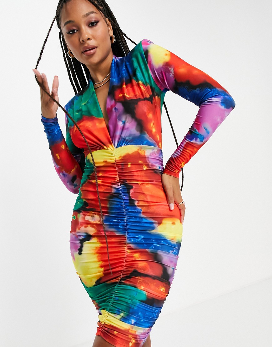 John Zack Exclusive Plunge Front Ruched Detail Mini Dress In Rainbow Marble Print-multi