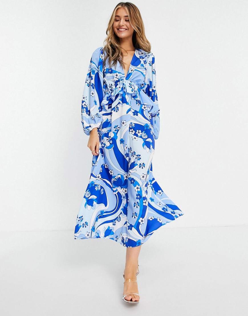 John Zack exclusive plunge front tiered ruffle maxi dress in multi blue swirl print