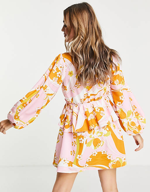 Women John Zack exclusive plunge front tiered ruffle mini dress in multi orange swirl print 