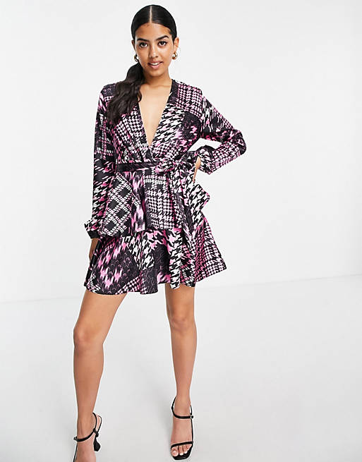 John Zack exclusive  plunge front tiered ruffle mini dress in pink houndstooth print
